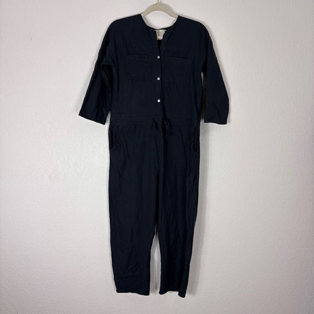Hackwith‎ Design House Jumpsuit Navy Blue Button Front Short Sleeve Size Medium